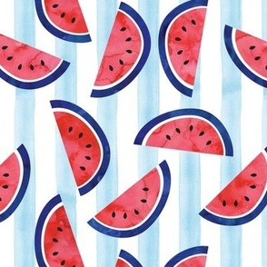 (3" scale) watercolor watermelon on blue stripes - red white and blue - July 4th fabric (90) C21