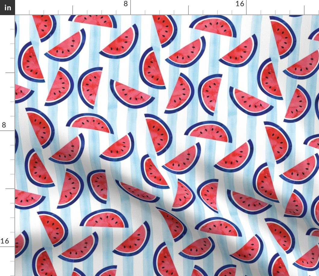 (3" scale) watercolor watermelon on blue stripes - red white and blue - July 4th fabric (90) C21