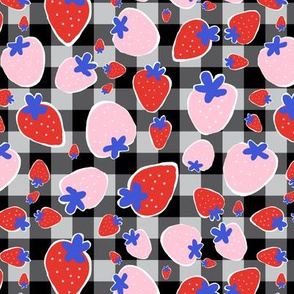 Strawberries on black and Grey Gingham checkMedium scale