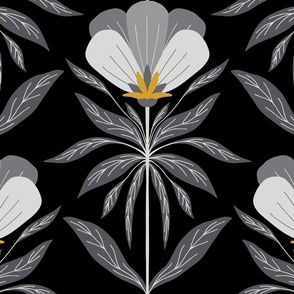 XXL Black Gold Folk Art Floral Grayscale Large Scale Wallpaper