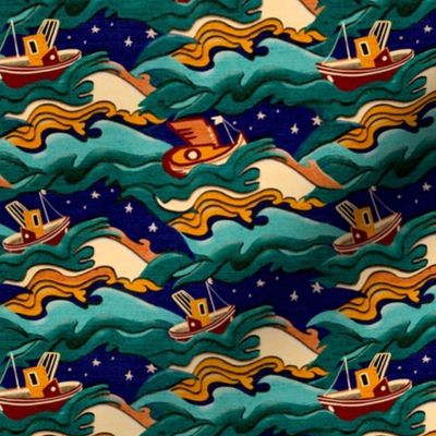 Art Deco cut out Boats in Stormy weather on the sea small