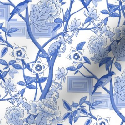 Parrots and Peonies Chinoiserie Blue Small