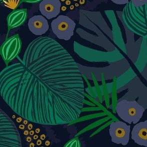 moody tropical floral blue gold Large scale