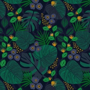 Moody Tropical Floral - Blue Gold - Large