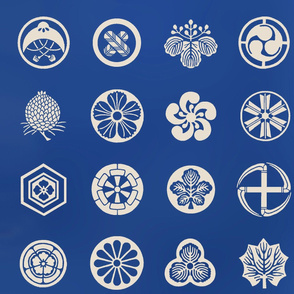 Samurai  crests ( 34 Kamon) large with no grid med blue & ecru