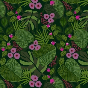 Moody Tropical Floral - Purple Green - Large 