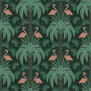 Palm Trees and Flamingo - Art Deco Tropical Damask - deep emerald green - faux gold foil - medium scale