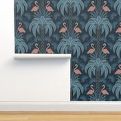 Palm Trees and Flamingo - Art Deco Tropical Damask - deep muted navy blue - faux gold foil - extra large scale