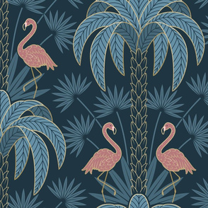 Palm Trees and Flamingo - Art Deco Tropical Damask - deep muted navy blue - extra large scale-01