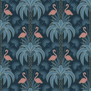 Palm Trees and Flamingo - Art Deco Tropical Damask - deep muted navy blue - faux gold foil - medium scale