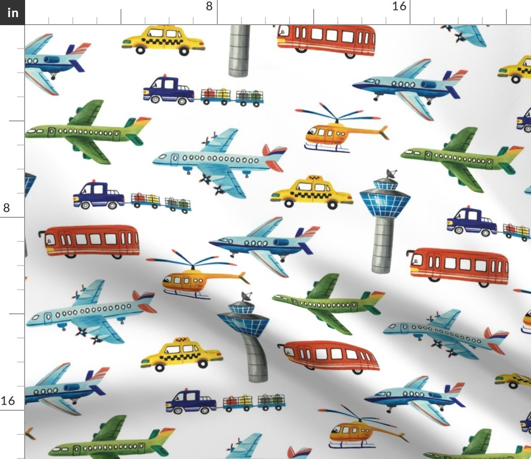 airport hand drawn pattern (airplanes, helicopter, bus, car, taxi and tower)