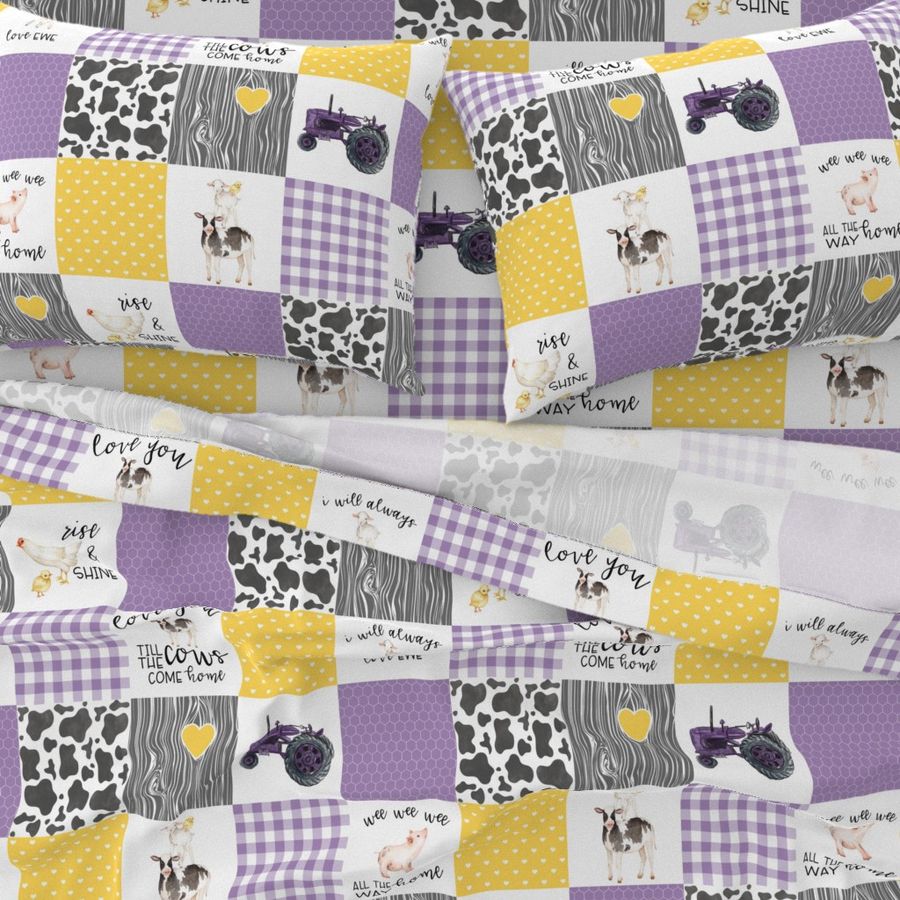 Farm//Love you till the cows come home//I will always love ewe//Purple&Yellow - wholecloth cheater quilt