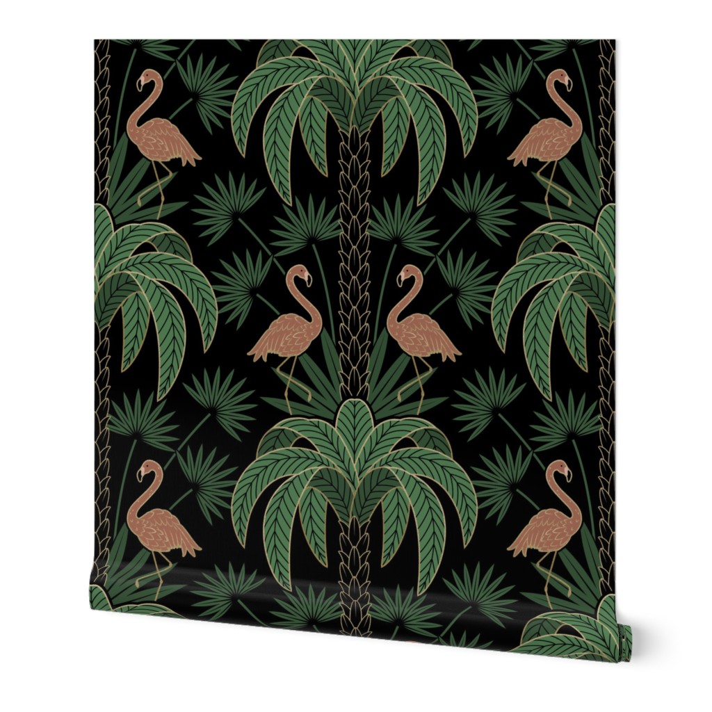 Palm Trees and Flamingo - Art Deco Tropical Damask - black - faux gold foil - extra large scale