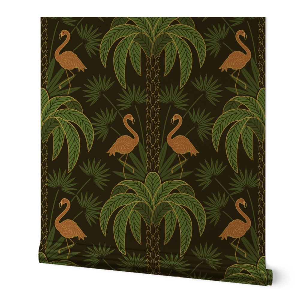 Palm Trees and Flamingo - Art Deco Tropical Damask - black - faux gold foil - extra large scale