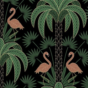 Palm Trees and Flamingo - Art Deco Tropical Damask - black - extra large scale 2-01