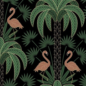 Palm Trees and Flamingo - Art Deco Tropical Damask - black - faux gold foil - extra large scale