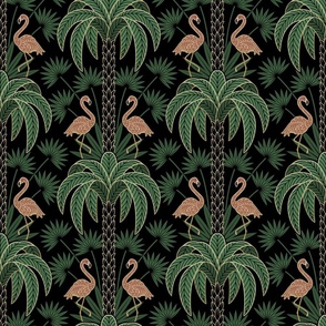 Palm Trees and Flamingo - Art Deco Tropical Damask - black - faux gold foil -medium scale