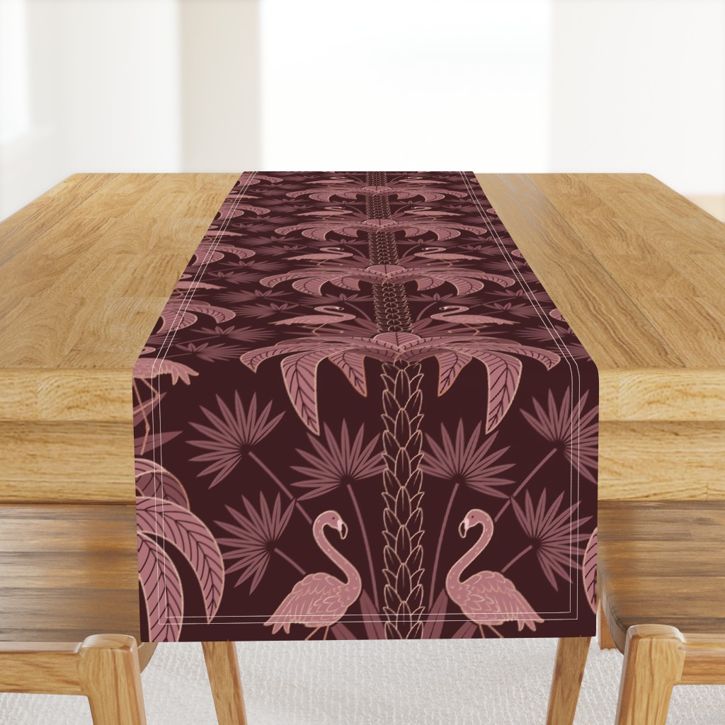 Palm Trees and Flamingo - Art Deco Tropical Damask - deep burgundy red - faux rose gold foil - extra large scale