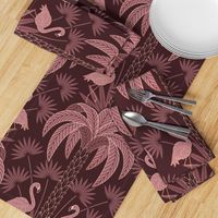 Palm Trees and Flamingo - Art Deco Tropical Damask - deep burgundy red - faux rose gold foil - extra large scale