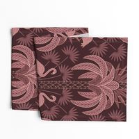 Palm Trees and Flamingo - Art Deco Tropical Damask - deep burgundy red - faux rose gold foil - extra large scale