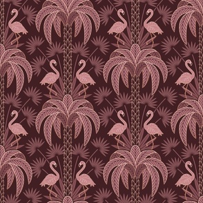 Palm Trees and Flamingo - Art Deco Tropical Damask - deep burgundy red - faux rose gold foil - medium scale