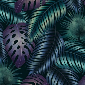 Moody green, purple and blue tropical leaves in the moonlight - Large