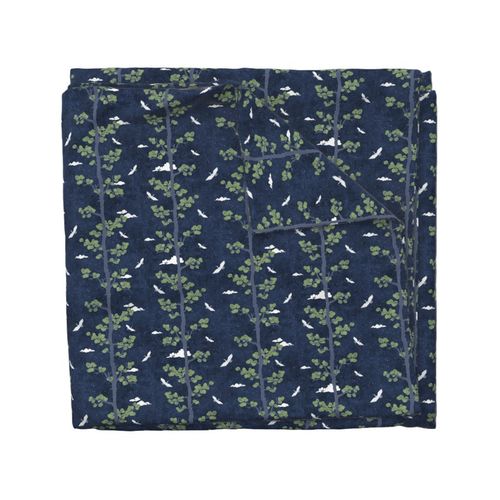 Forest Fabric, Crane Fabric in Midnight Blue (small scale) | Bird fabric in dark blue, navy blue Japanese print fabric, tree fabric with crane birds and snow.