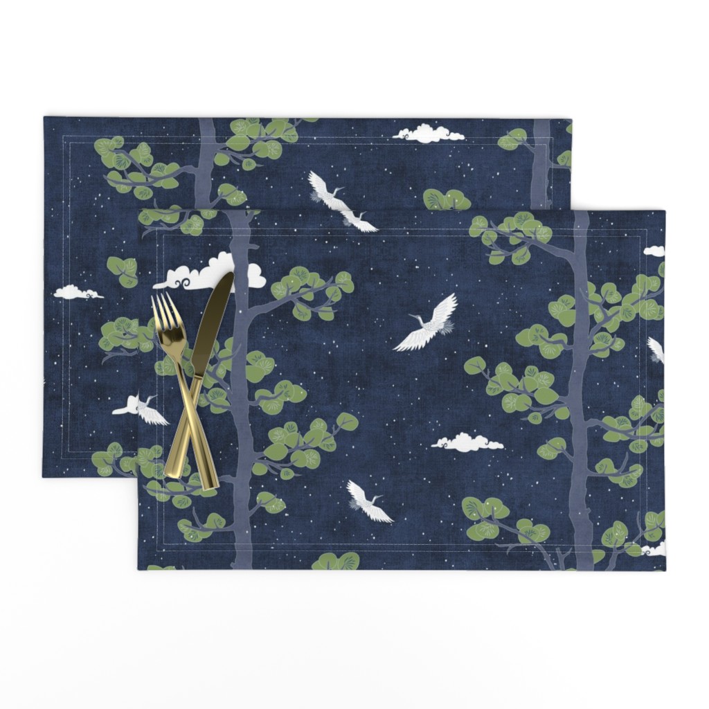 Forest Fabric, Crane Fabric in Midnight Blue (large scale) | Bird fabric in dark blue, navy blue Japanese print fabric, tree fabric with crane birds and snow.