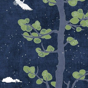 Forest Fabric, Crane Fabric in Midnight Blue (large scale) | Bird fabric in dark blue, navy blue Japanese print fabric, tree fabric with crane birds and snow.