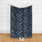 Forest Fabric, Crane Fabric in Midnight Blue (xl scale) | Bird fabric in dark blue, navy blue Japanese print fabric, tree fabric with crane birds and snow.
