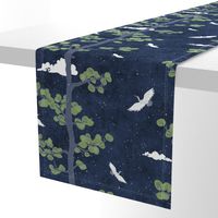 Forest Fabric, Crane Fabric in Midnight Blue (xl scale) | Bird fabric in dark blue, navy blue Japanese print fabric, tree fabric with crane birds and snow.