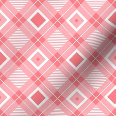 Tartan, Middle diagonal with horizontal stripes, coral and white squares