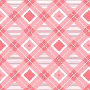 Tartan, Middle diagonal with horizontal stripes, coral and white squares