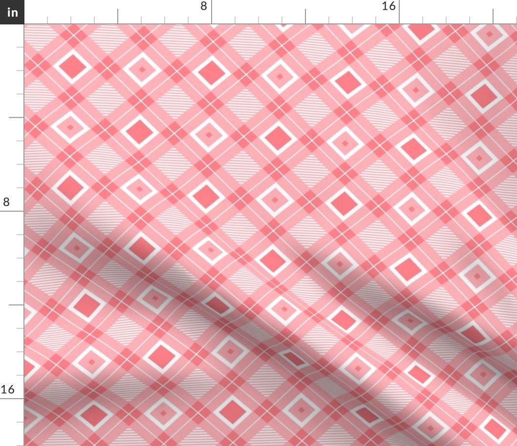 Tartan, Middle diagonal with horizontal stripes, coral and white squares