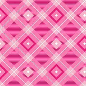 Tartan, Middle diagonal with horizontal stripes, dark pink and white squares