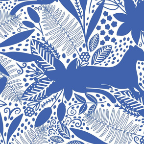 LARGE FLORA TROPICAL SCAPE - BLUE ON WHITE 