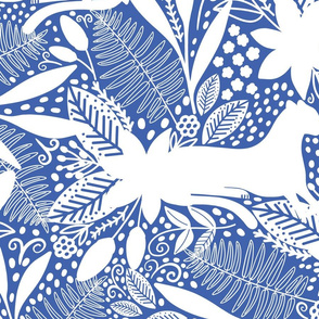 LARGE FLORA TROPICAL SCAPE - WHITE ON BLUE 