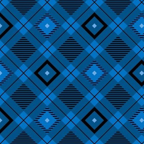 Tartan, Middle diagonal with horizontal stripes,  bright blue squares