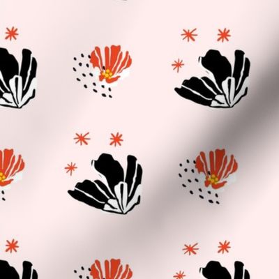 retro red and black cactus flowers on pink background