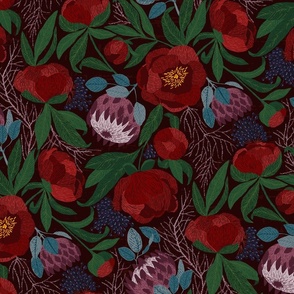 Embroidered Peony_ King Protea_ berries floral pattern moody