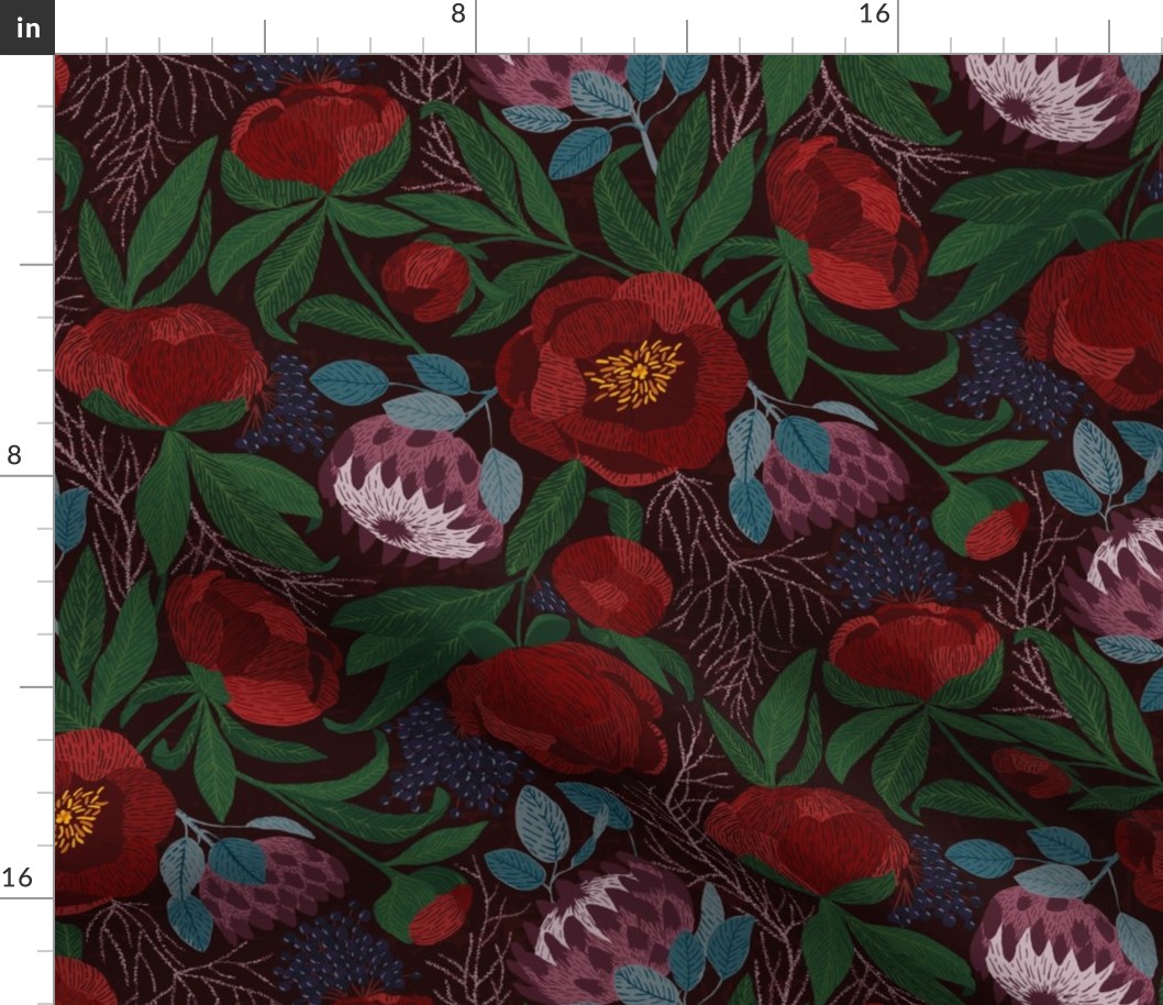 Embroidered Peony_ King Protea_ berries floral pattern moody