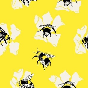  Bumble Bees and Flowers on Yellow Background - Large Repeat