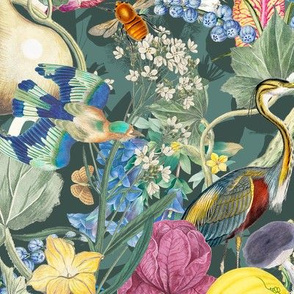 Hidden Green Garden Jumble Print with Butterflies, Birds and Vegetables
