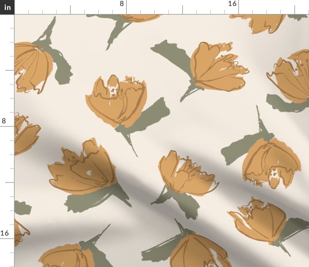 Tossed Floral - jumbo large scale - girly flowers - ochre and green