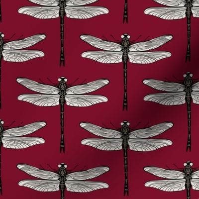 Decorated dragonflies- black line art on dark red