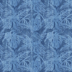 Blue Jeans Denim Tropical Monstera Leaves Smaller Scale