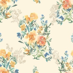 Meadows And Blossoms Watercolor Florals Quilt Fabric Wallpaper -Large 1ft- Beige Cream Yellow