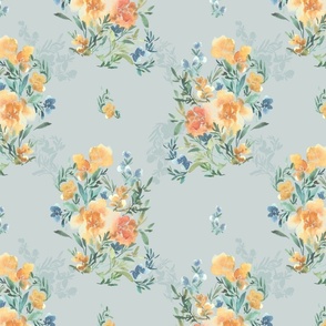 Meadows And Blossoms Watercolor Florals Quilt Fabric Wallpaper -Large 1ft- Sage Green Cream