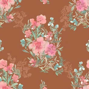 Meadows And Blossoms Watercolor Florals Quilt Fabric Wallpaper -Large 1ft- Pink Brown 