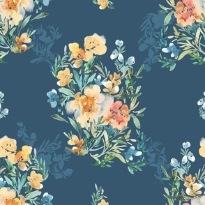 Meadows And Blossoms Watercolor Florals Quilt Fabric Wallpaper -Large 1ft- Cream Blue Gray
